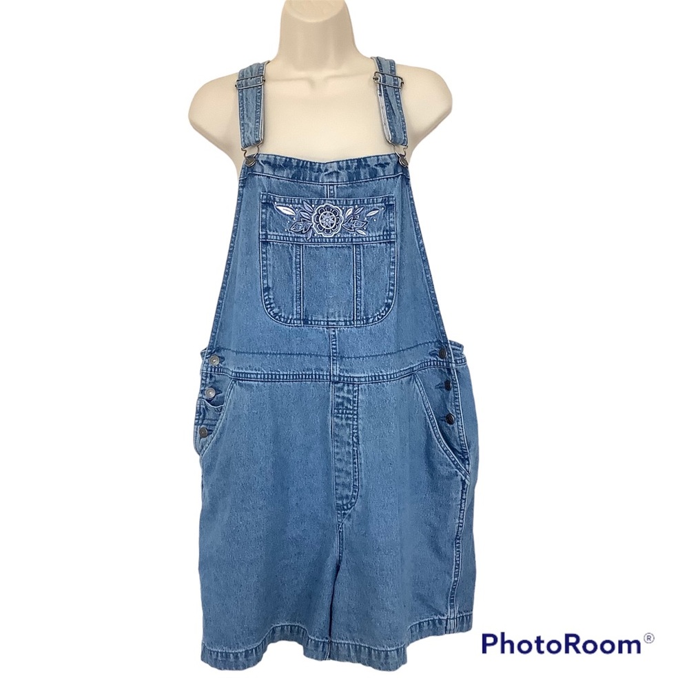 Vintage Cherokee Embroidered Shortalls Bib Overalls Denim Blue Size Large Y2K